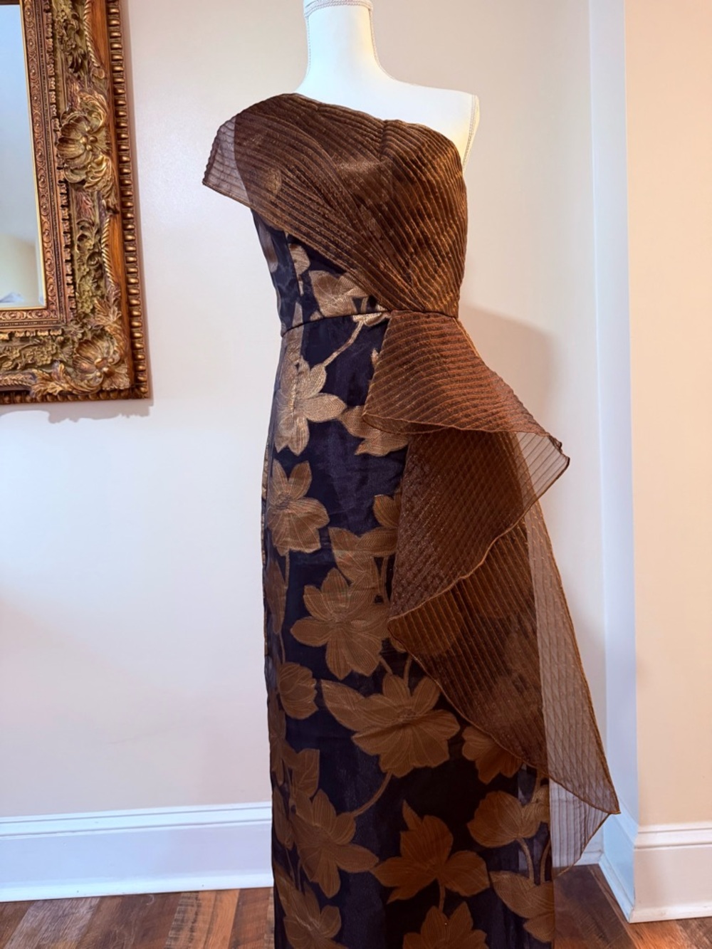 Theia One-Shoulder Black and Gold Floral Evening Gown - Picture 4 of 8